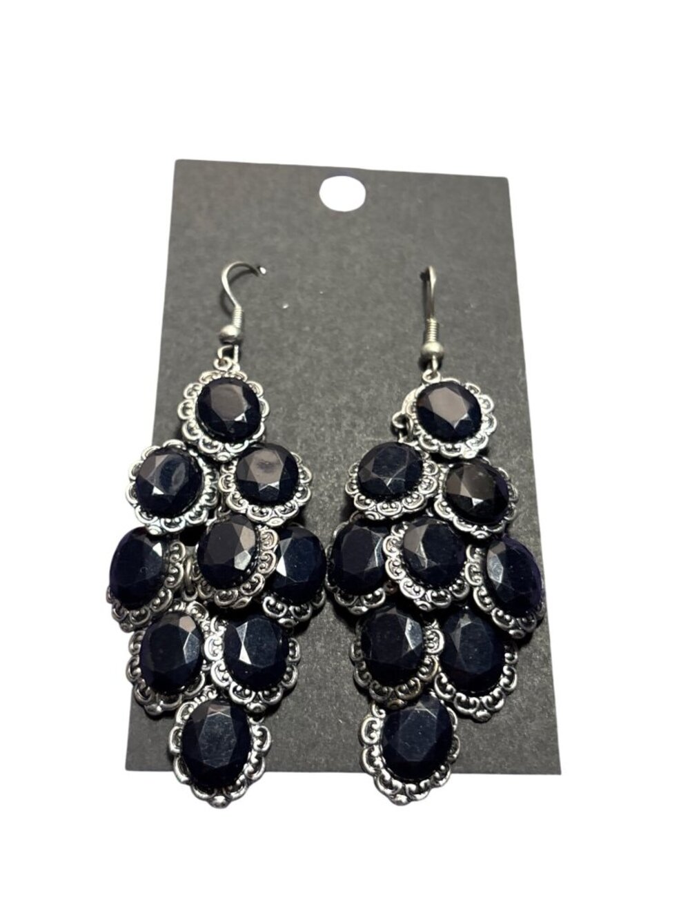 Vtg Statement Dangle Earrings Black Faceted Plastic Rhinestone Silvertone Ornate